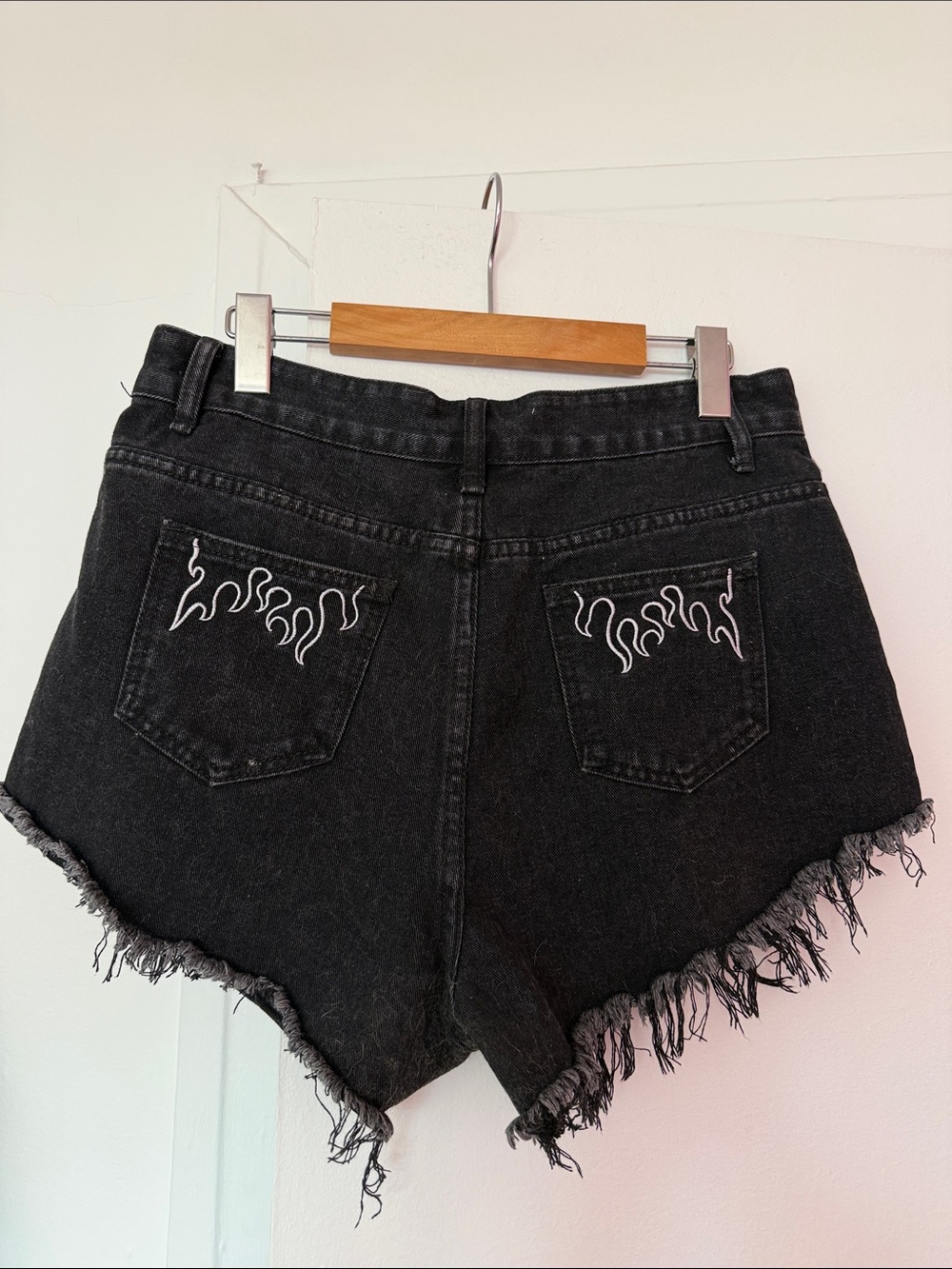 Black Distressed Denim Shorts with Flame Embroidery